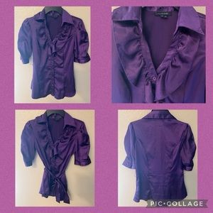 Purple Satin Blouse w/Ruffled Collar & Optional Belt sz. M